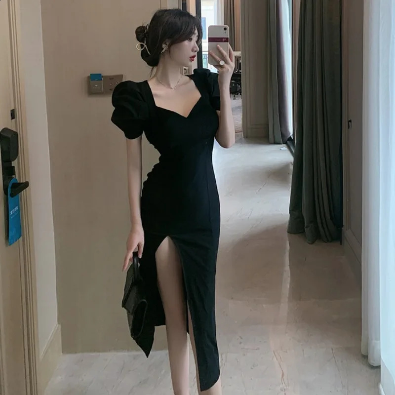 Women Dress Elegant Skirt French Style Slim Fit Long Frock Bubble Sleeve Sexy High Split Trendy Clothes Feamle Summer Fall 240823