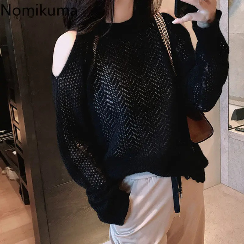 Korean Sweater for Women Long Sleeve O-neck Thin Jumper Sueter Mujer Off Shoulder Fashion Hollow Out Knitted Thin Pullovers Tops 240824