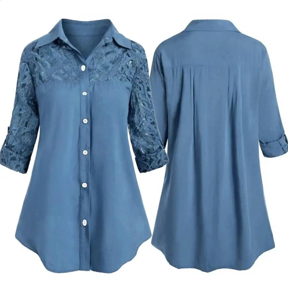 Women Casual Ladies solid color Turn Down Collar lapel long-sleeved lace stitching single-breasted office top shirt 240823