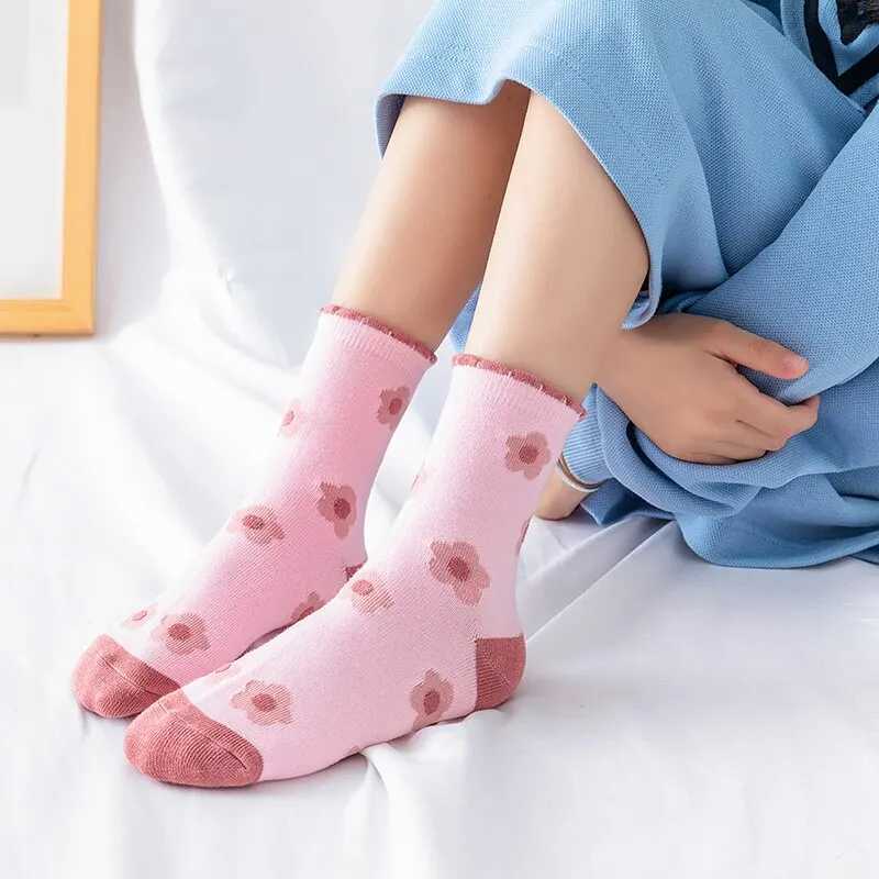 5 Pairs Pink Flower Knit Warm Childrens Socks For Girls Socks Kids Womens Cute Cartoon Medium Stockings CL240824