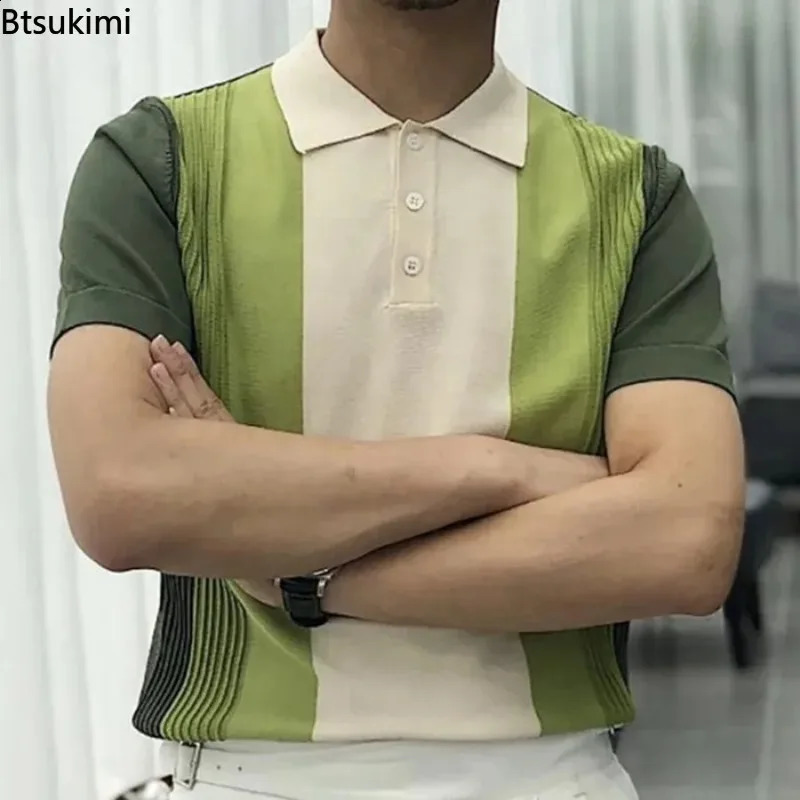 Summer Mens Short sleeved Knitted Polo Shirt with Open Back Retro Slim Fit Elastic Tshirt Top Business and Leisure 240824