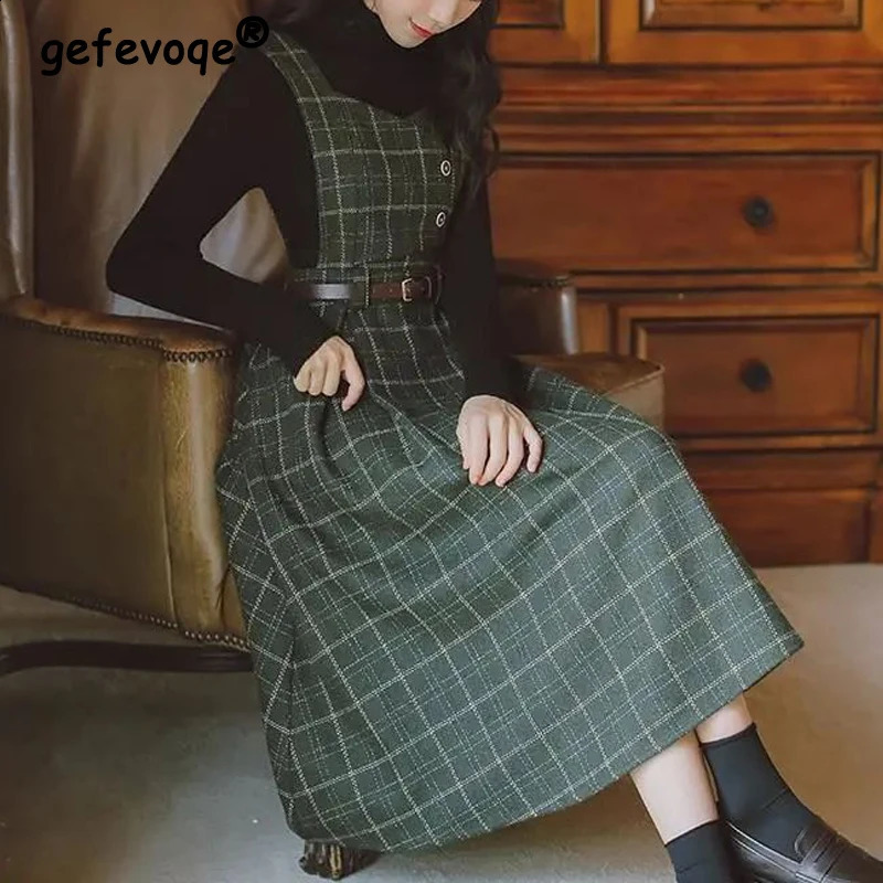 Vintage Plaid Print Belt Elegant Woolen Dresses for Women Autumn Winter Fashion Sleeveless Slim Pleated Midi Dress Vestidos 240824