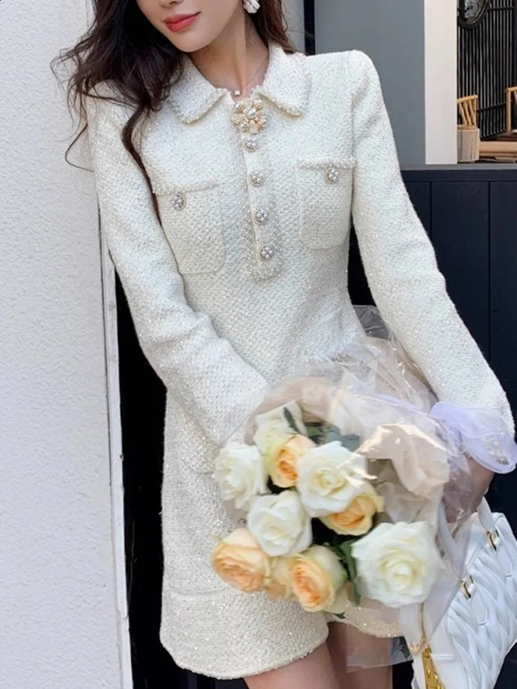 UCXQ Elegant Short Dress European Style Tweed Lapel Beading Button Long Sleeve Fashion Dresses For Women Spring Summer 9896 240824