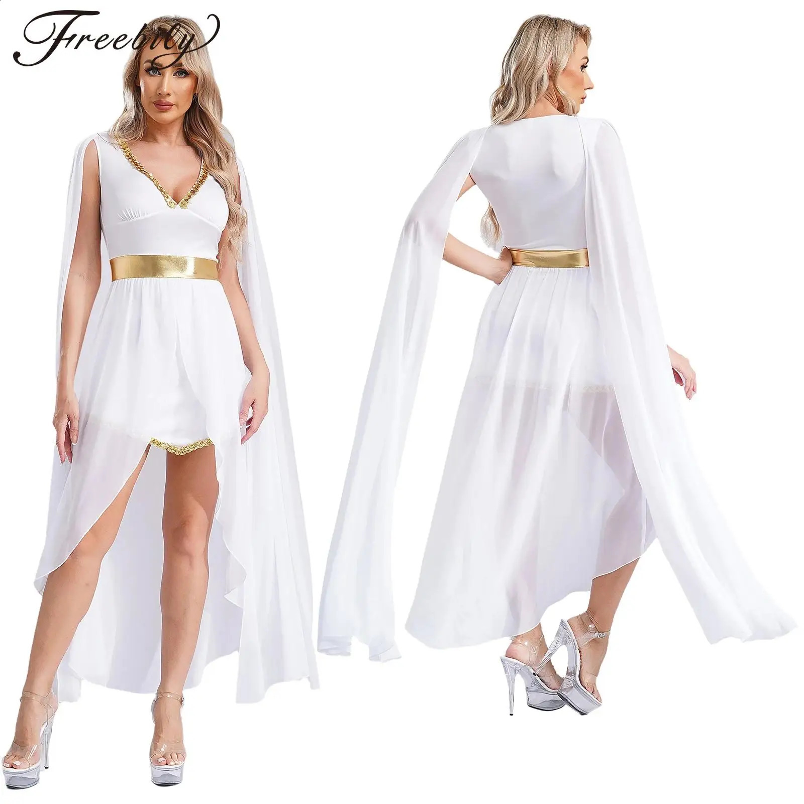 Womens Halloween Greek Athena Princess and Queen cosplay costume Roman toga dress Cape Town sleeve sequin split style 240823