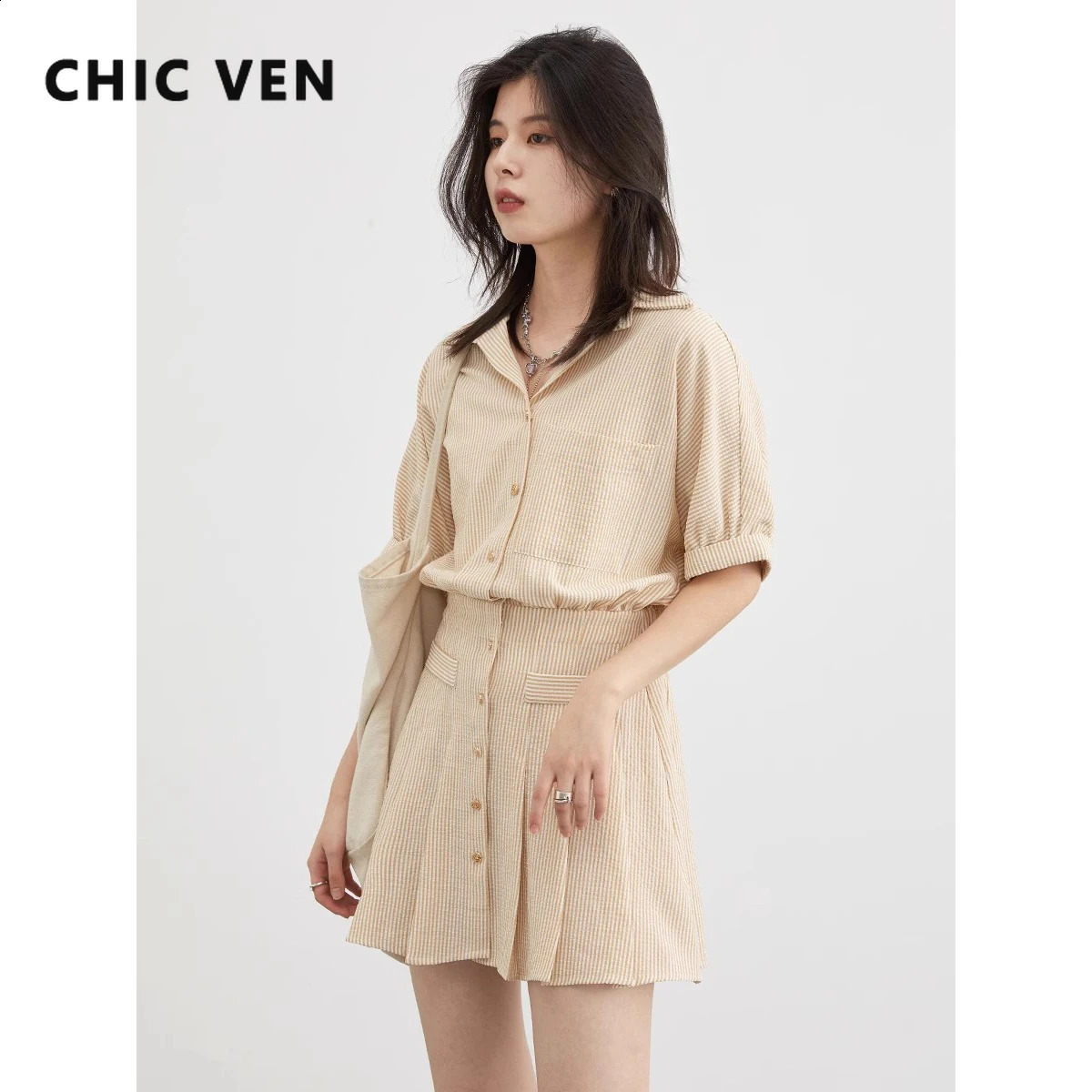 CHIC VEN Korean Pleated Shirt Dress Short Sleeve Dresses Striped Women Loose Slim Dress A Line Women Clothing Summer 240824