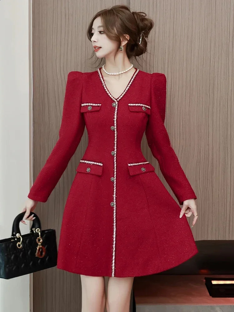 High Quality Red Tweed Dress Women Elegant V-neck Puff Long Sleeve Vintage Woolen Evening Party Dresses Christmas Vestidos 240824