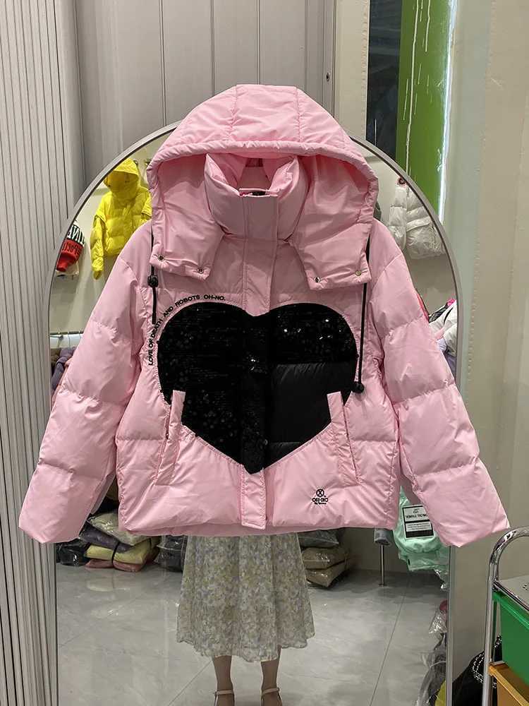 Women's Down Parkas QNPQYX New Detachable Hooded Park Womens Short Fashion Jacket Splicing Glitter Love Winter Inflatable Jacket Y240824W0DJ