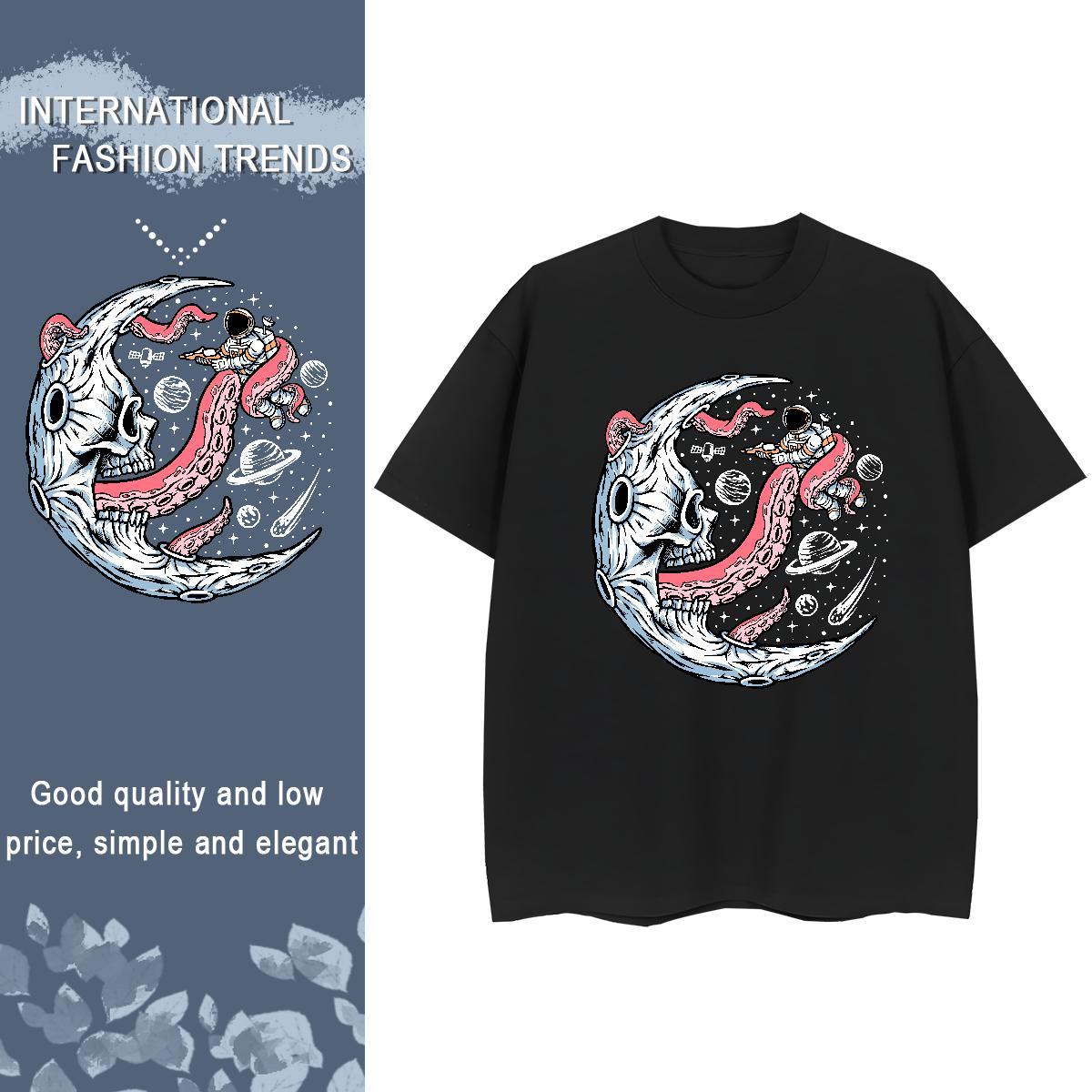 Loose fit Women Tees 230g Pure Cotton spaceman Sports Street Wear Woman T Shirts Breathable Soft DIY Anime Printed Polos