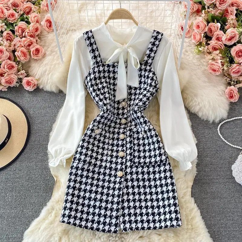 Elegant Chiffon Shirt Tweed Dress Sets Women Long Sleeve Lace Up Bow Shirts Vintage Sling Plaid Dresses Suits Oiffice Lady Y2k 240824