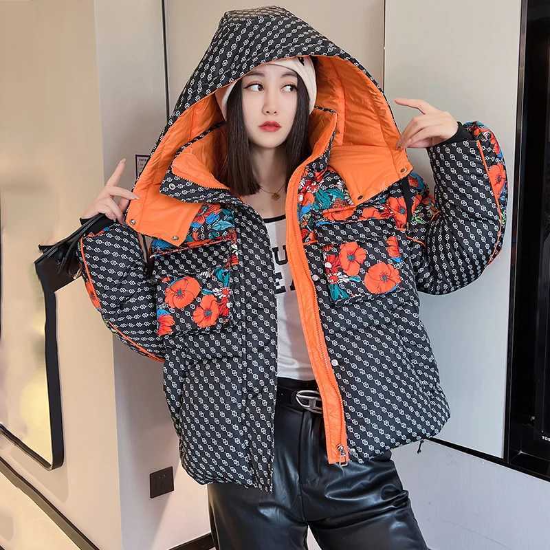 Women's Down Parkas Y2K Womens Coat Winter Printed Hooded Warm Womens Short Park Oversized Inflatable Jacket Womens Waterproof Jacket Strt Fashio
