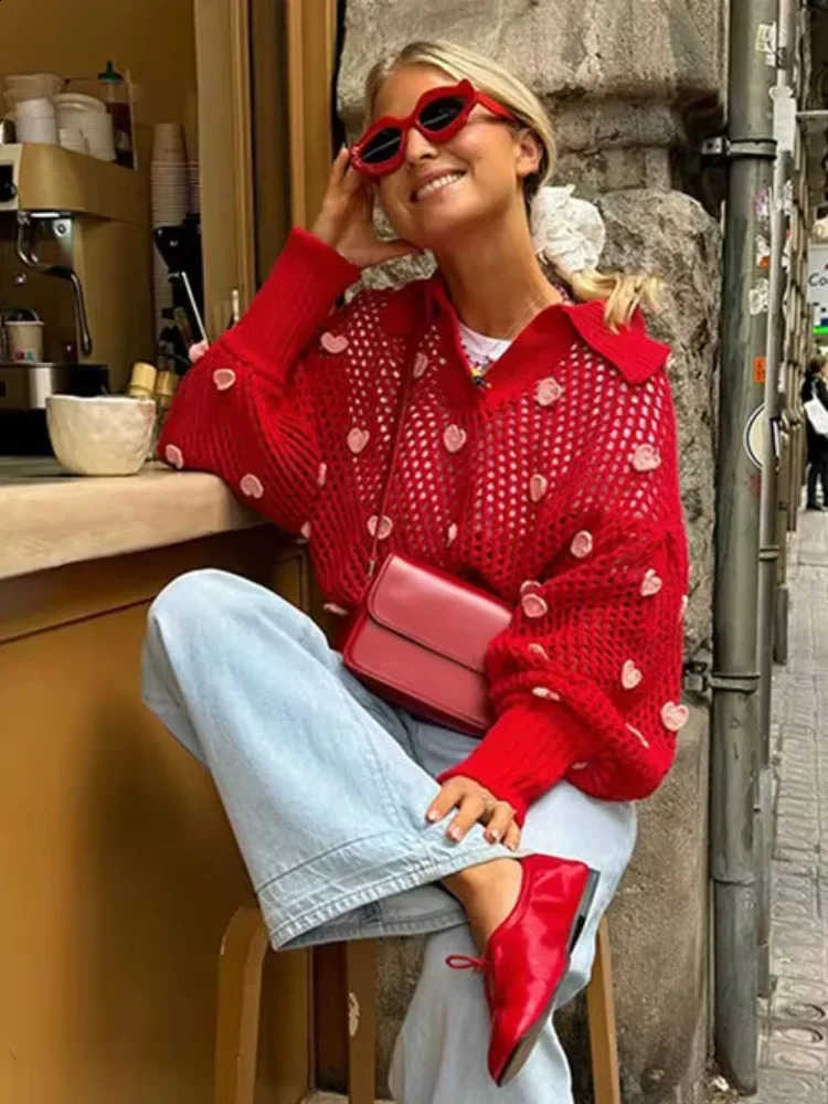 Hearts Red Print Hollow Out Knit Sweater Women Chic Lapel Lantern Sleeves Pullover Autumn Female High Street Thin Knitwear 240824