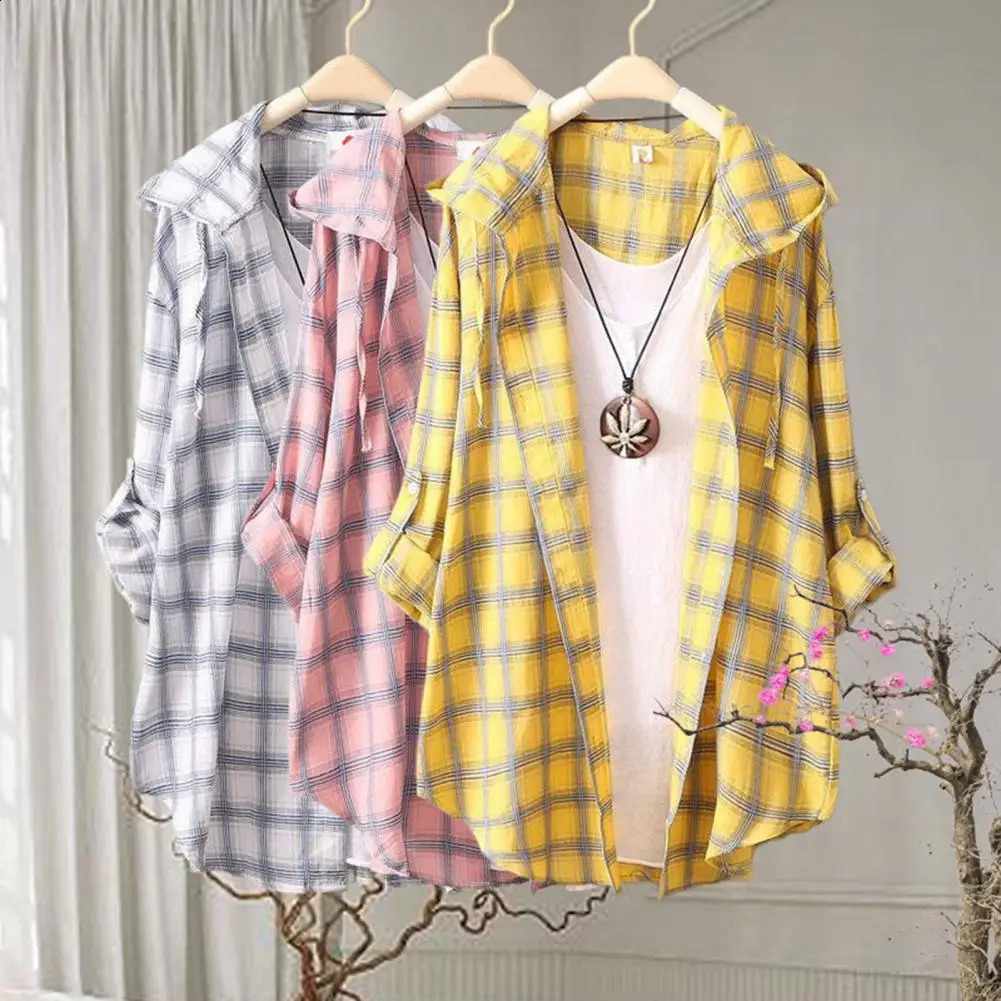 Hooded Roll-up Sleeve Sun Protection Women Cardigan Summer Open Front Plaid Printed Sunscreen Shirt Female Clothing 240823