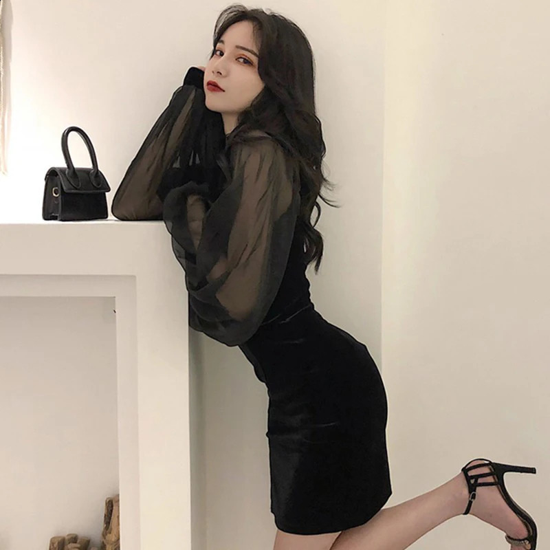 Autumn Womens Cheongsam Dress Side Split Lantern Sleeve Slim Fit Long Sleeves Dress Mandarin Collar Y2K 240823