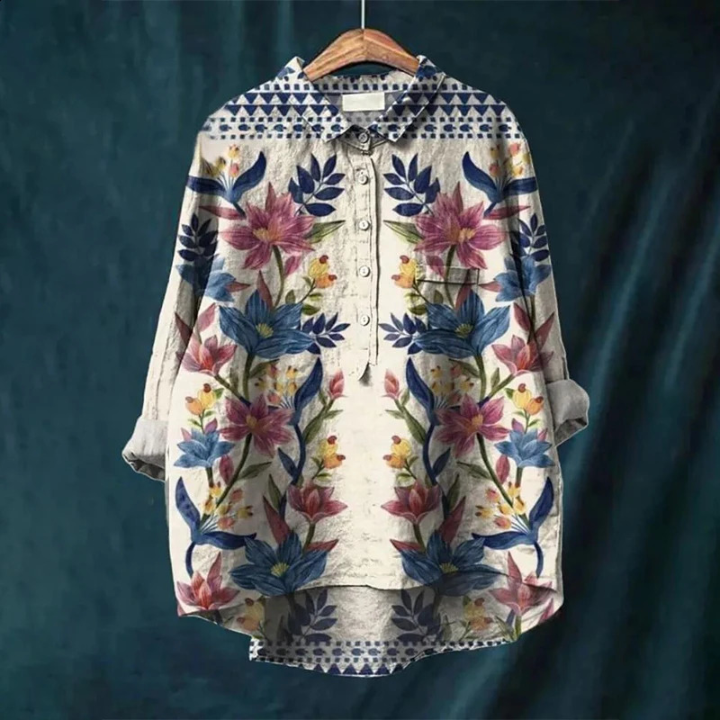 Summer Womens Retro Colorful Hen Art Long Sleeve Pocket Shirt Hawaiian Style Printed Vneck Top 240823