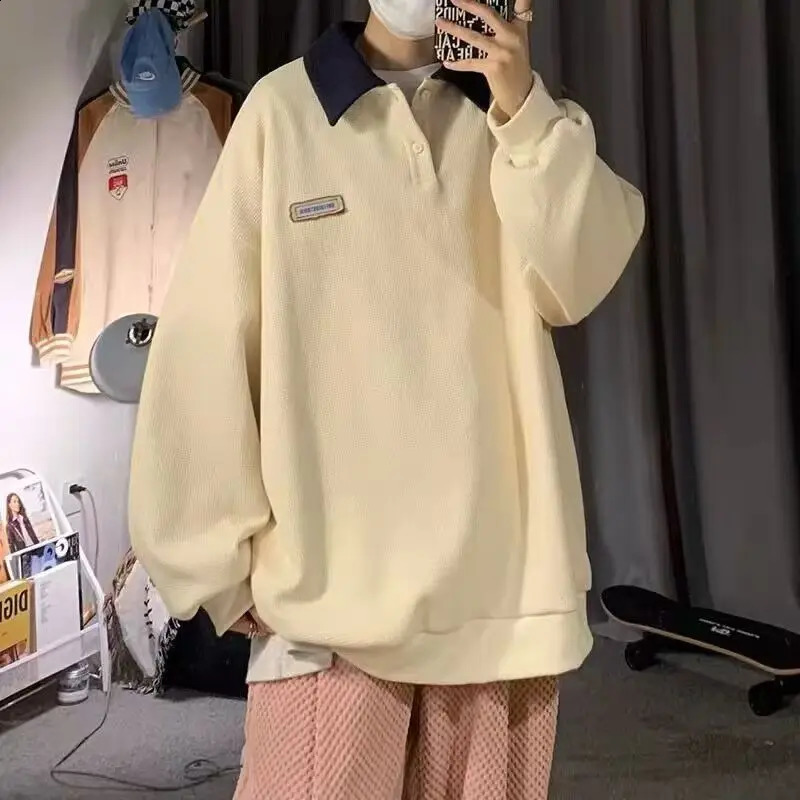 Autumn sweatshirt mens lapel long-sleeved POLO shirt trend ins American retro mens and womens same style couple jacket 240824