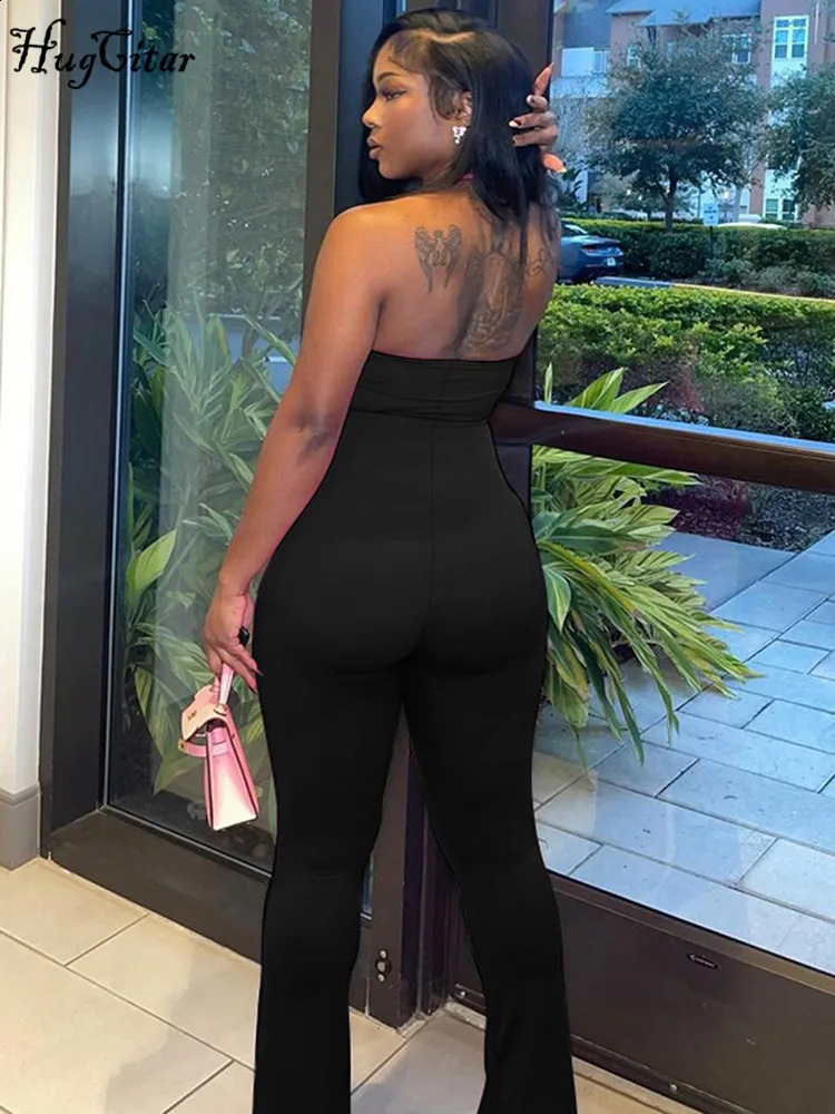 Hugcitar 2024 Spring Halter Solid Sleeveless Backless Sexy Bodycon Flare Pants Jumpsuit Women Casual Rompers Streetwear Festival 240823