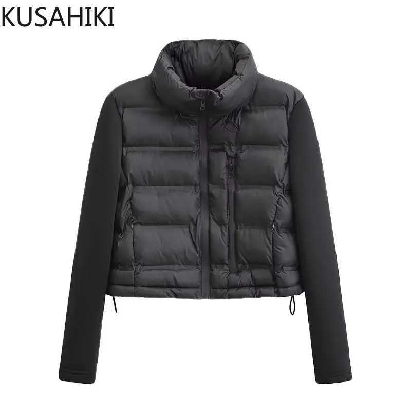 Women's Down Parkas KUSAHIKI Black Patchwork Parka Short Jacket 2023 Autumn Winter Zipper Fashion Stand Neck Slim Coat Women Outwear Parkas Top Y