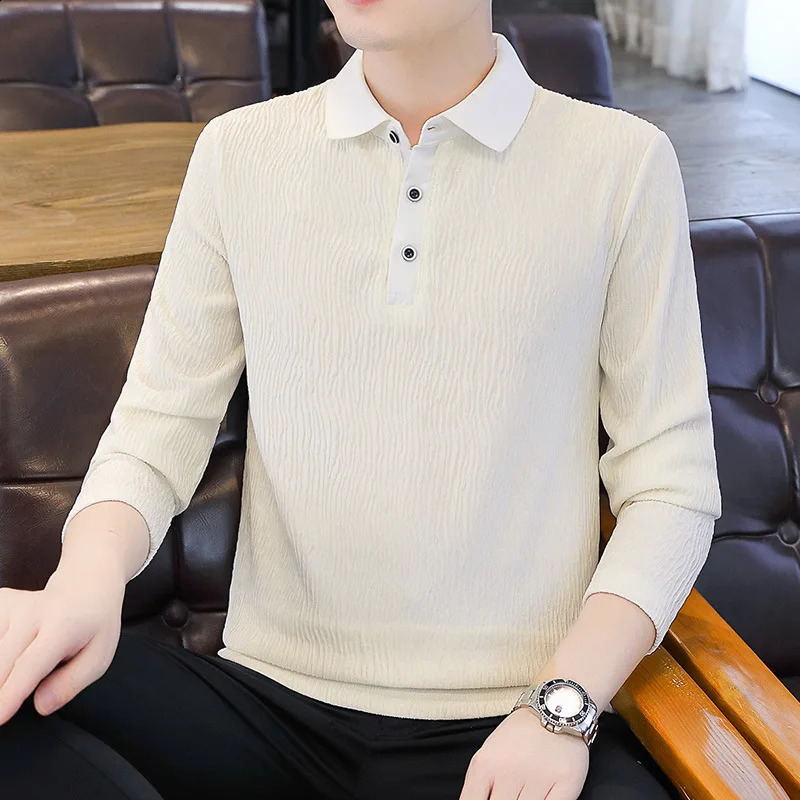 Mens Long Sleeve Polo Shirt Casual T-shirt Spring Autumn Loose Polo Collar Mens Wear Plus Size Crumpled Pleated Shirts 3xl 4xl 240824