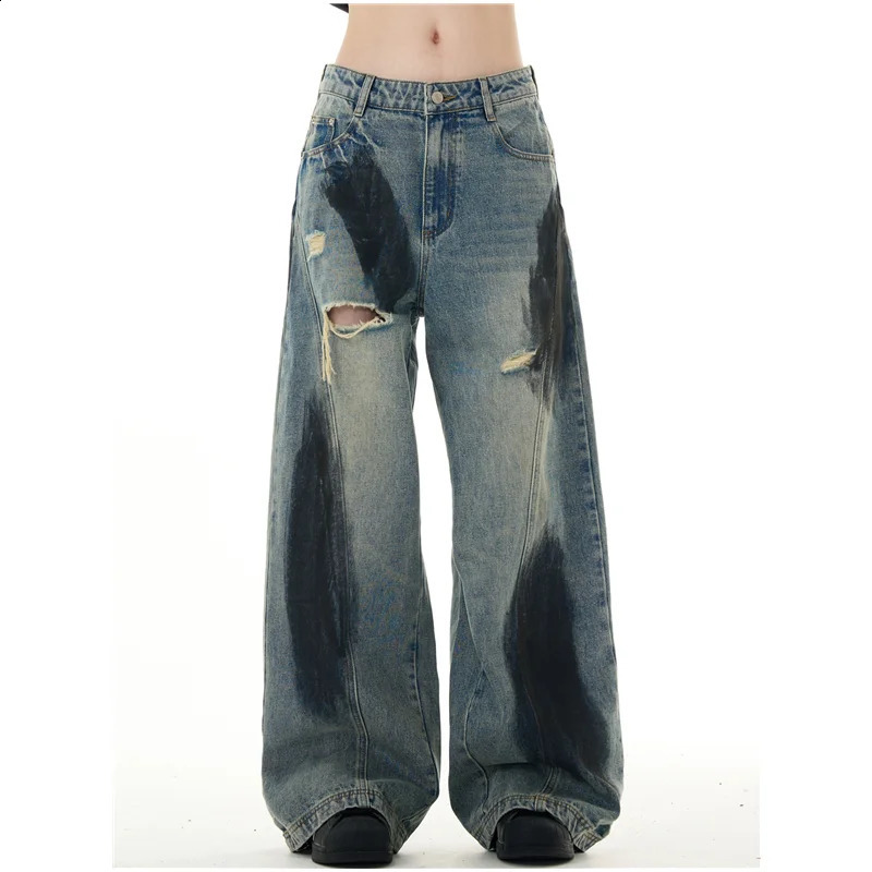Vintage high waisted luggage jeans Y2k punk hiphop ripped Harajuku womens rock wide leg lazy pants streetwear 240823