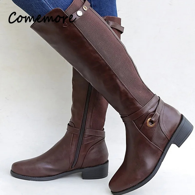 Comemore womens buckle length knight boots womens combat boots womens low heel shoes plus size womens zipper leather knee high boots 240823