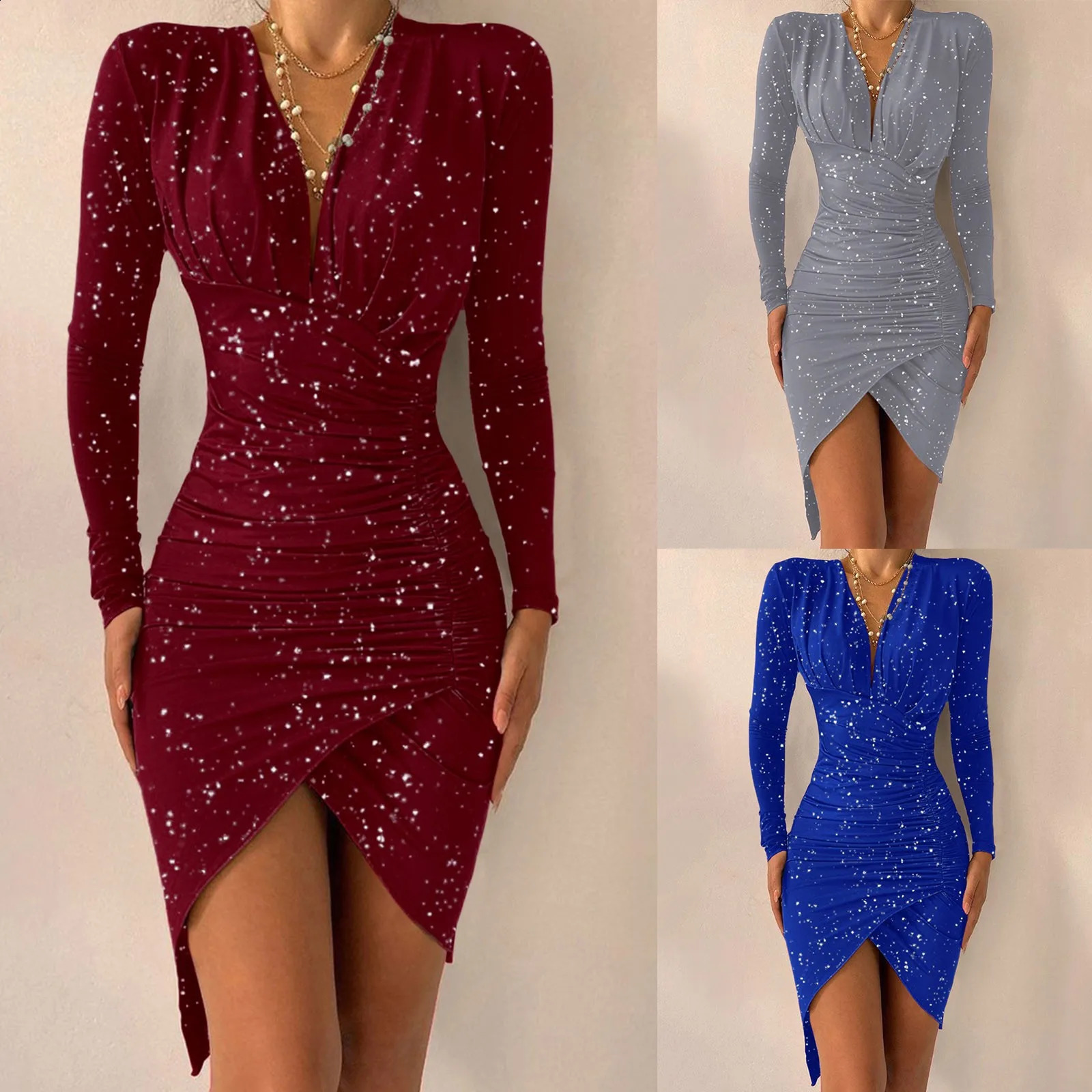 Sexy Sequin Slim Long Sleeve Bodycon Mini Dress Women High Waist Ruched Party Evening Dresses Ladies Clubwear Vestidos Dress 240823