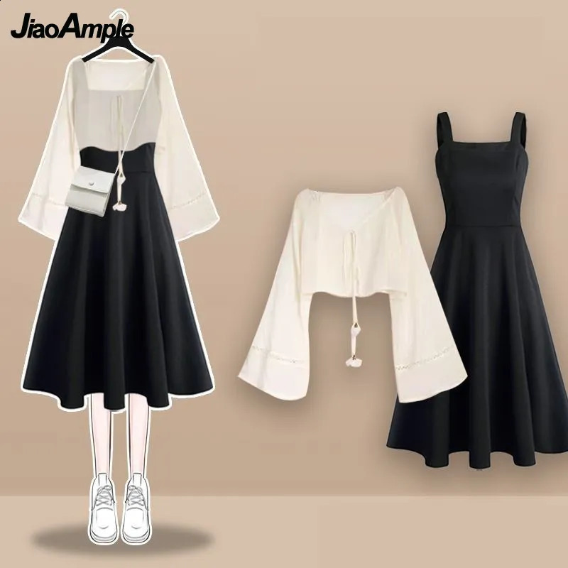 Summer Korean Elegant Chiffon Sunscreen Shirt Strap Skirt Two Piece Suit Womens Fashion CardiganDress Matching Set 240823