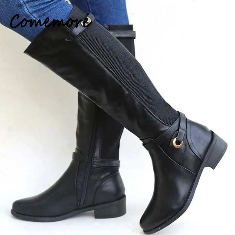 Comemore womens buckle length knight boots womens combat boots womens low heel shoes plus size womens zipper leather knee high boots 240823