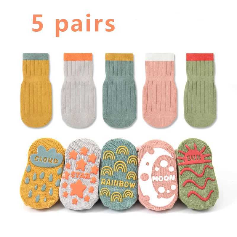 5 pairs of childrens socks solid color striped rubber anti slip newborn baby floor socks cotton girls baby socks CL240824