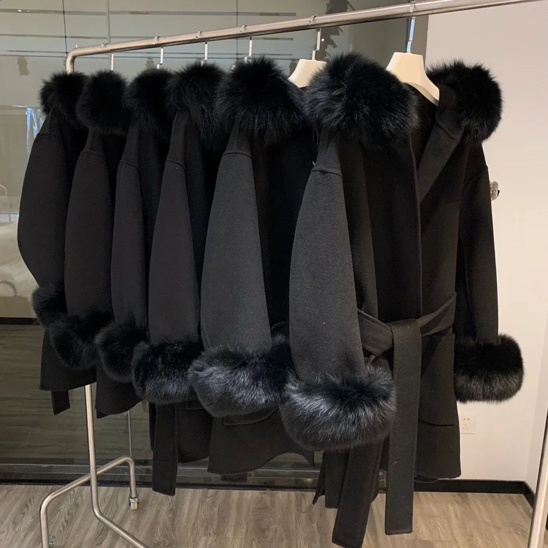 Korean hooded cashmere long coat with hood real fox fur hood decoration womens warm big coat womens hooded coat spring loose coat 240824