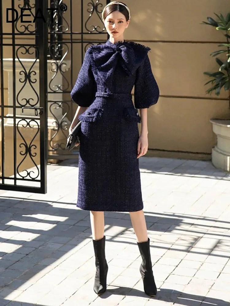 DEAT Womens Fashion Tweed Dress O-neck Short Puff Sleeve Burr Bow Belt Pocket Elegant Casual Dresses Winter 13DB3713 240824