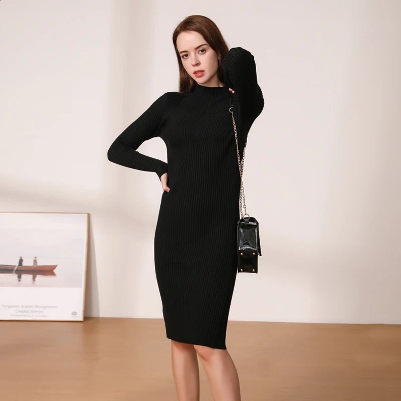 Midi Dress Winter Knitted Sweater Casual Womens Dresses Ladies Clothing Clothes Korean Fashion Robe Elegant Black Tight 240823