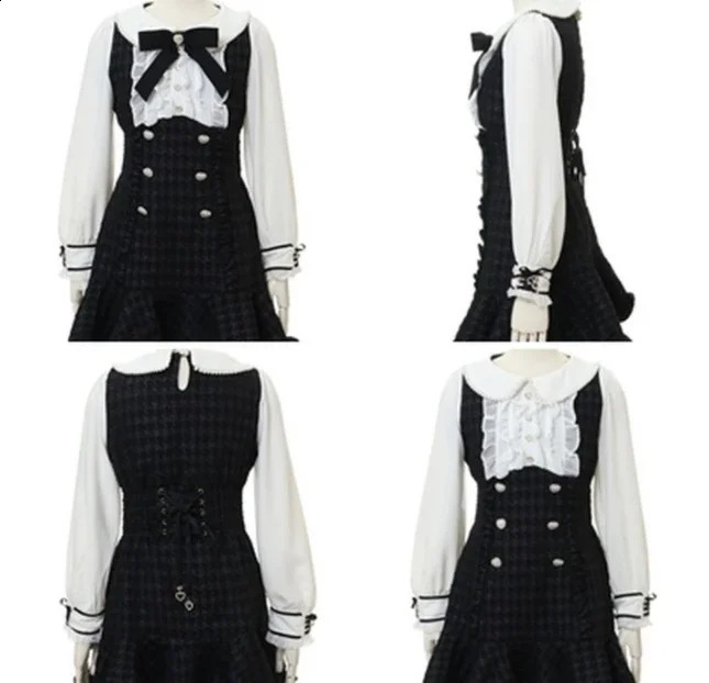 Liz Japanese Mine Mass-Produced Sweet Double-breasted Dress Classic Style Bow Grid Slim Long Sleeve Tweed Dress for Women 240824