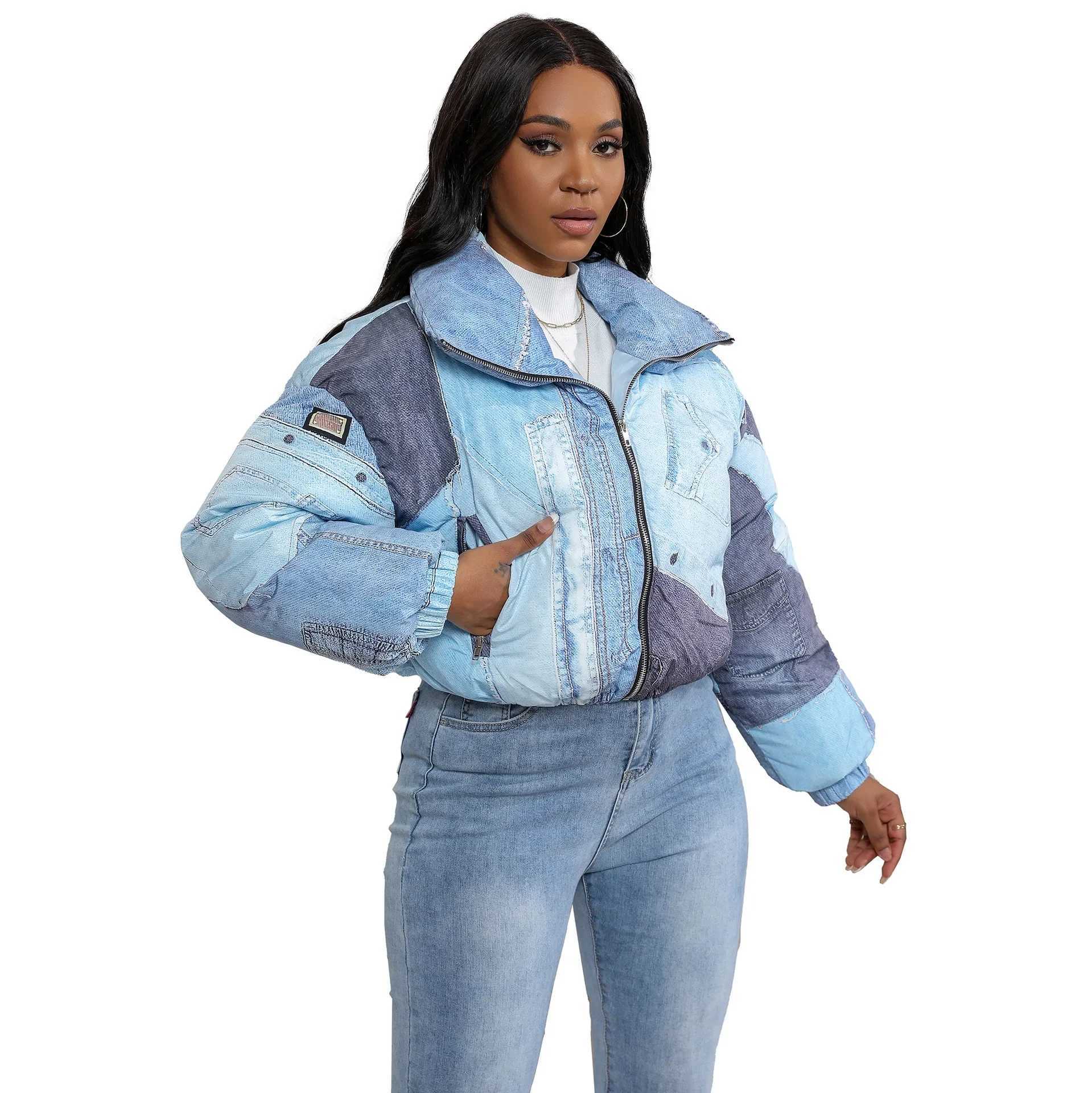 Women's Down Parkas 2023 Autumn/Winter Fashion Womens Jacket Denim Printed Cotton Parkes Jacket Winter Coat Womens BF Strtwear Warm Parkes Y24082