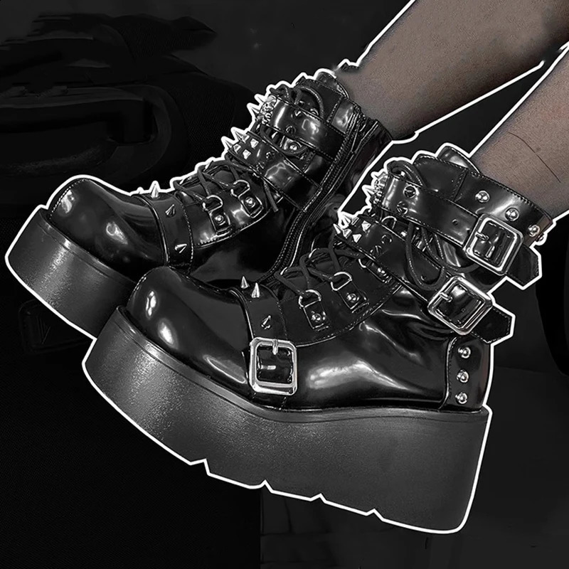 Rivet Decoration Short and Fat Platform Punk Ankle Boots Womens Winter Pu Leather Black Boots Womens Metal Buckle Gothic Shoes 240823