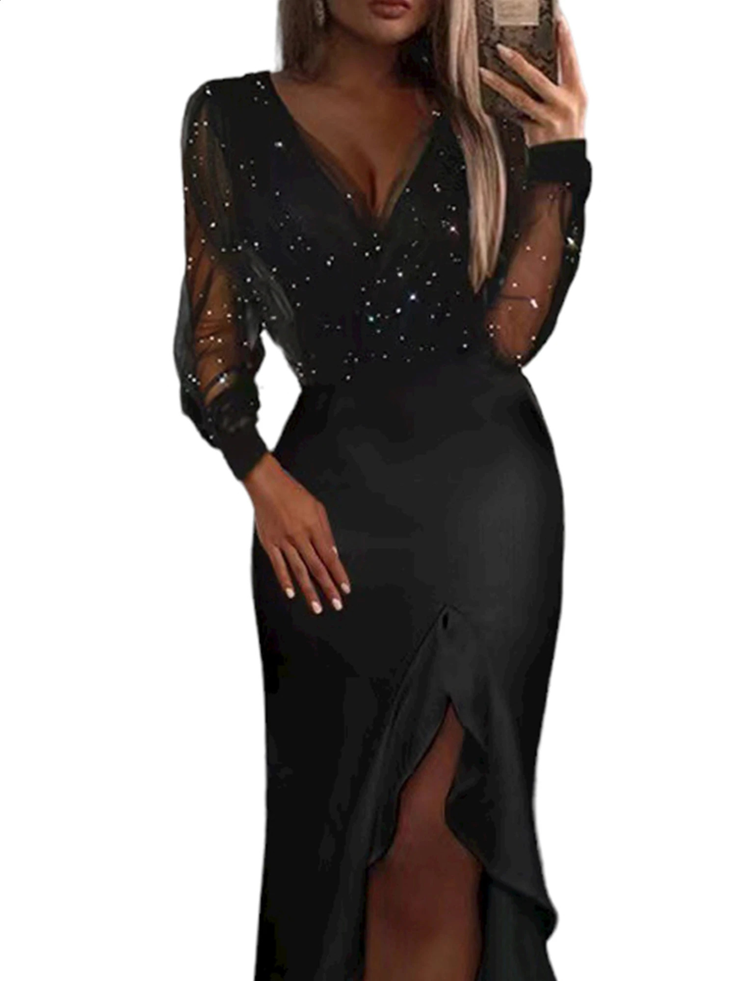 Women Sexy V-Neck Dresses Mesh Sequin Elegant Temperament Slim Fit Split Long Skirt Summer Long Sleeve Party Cocktail Maxi Dress 240823