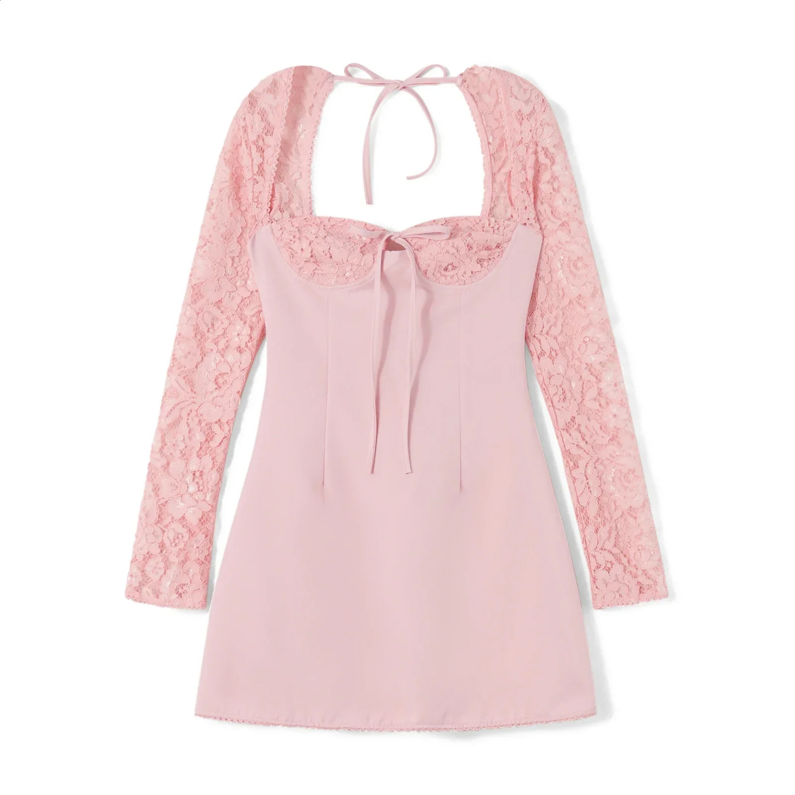 Womens Elegant Lace Patchwork Long Sleeve Mini Dress Y2k Square Neck High Waist Backless Tie Up Slim Fit A-line Dress 240823