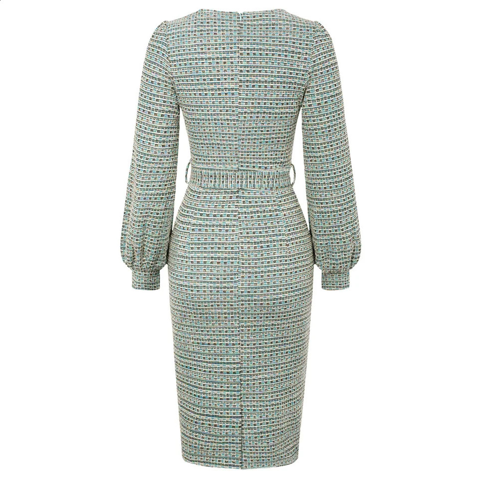 Womens Causal Tweed Dress OL Long Sleeve Crew Neck Back Slit Bodycon Dress Slim Fit Ladies Elegant Mid-calf Zip Up Long Skirt 240824