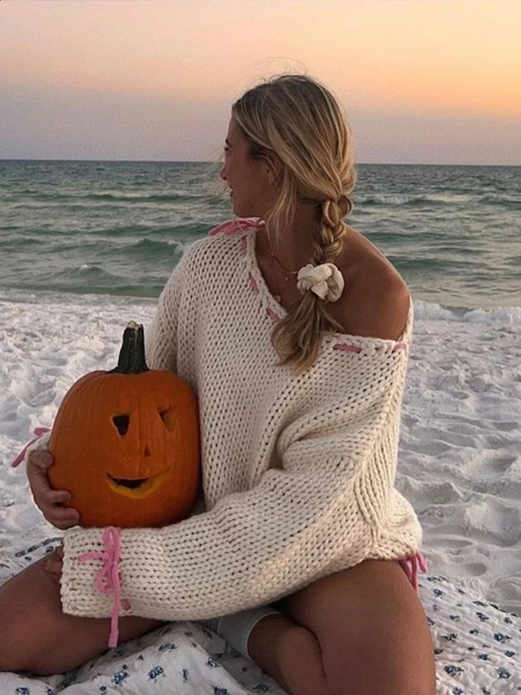 Casual Skew Neck Knit Pullover Women Loose Lace Up Sweater Female Autumn Off Shoulder Patchwork Long Sleeves Top Lady 240824