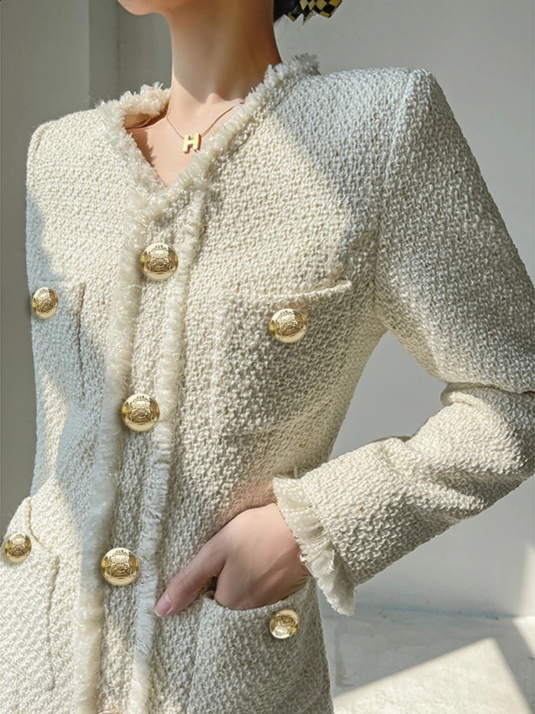 Off white tweed dress spring / autumn womens dress tassel ladies slim bottoming dress one-piece 240824