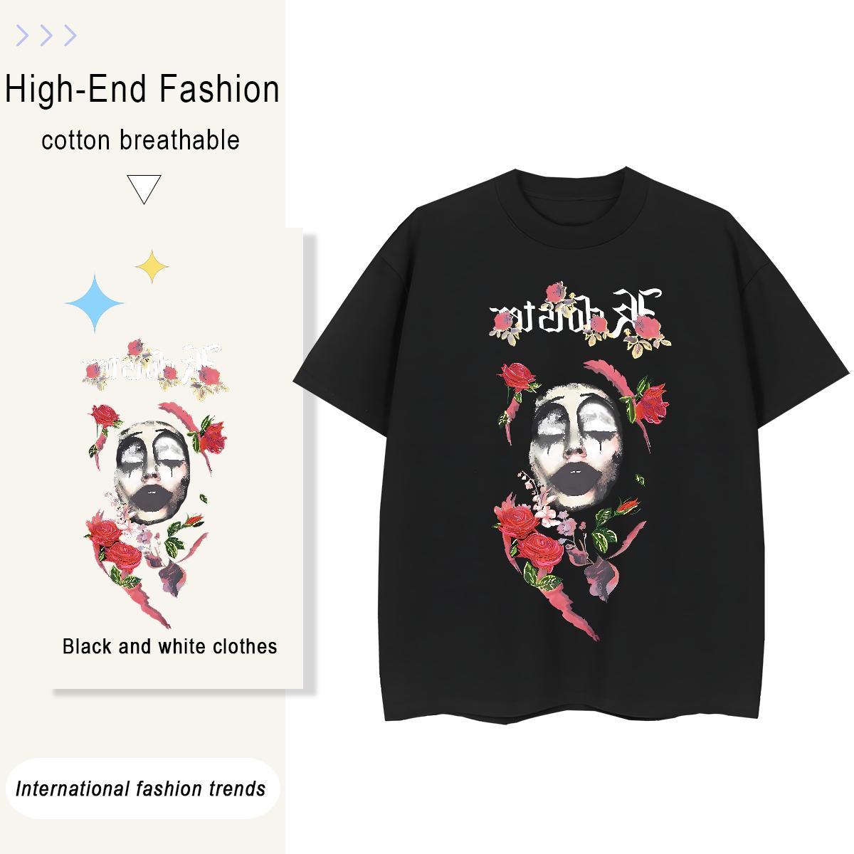 Brand Men Clothes T-Shirt ROSE High Street Hip Hop 230g 100% Cotton Tees Crew Neck Breathable Soft T Shirt For Man DIY Printed