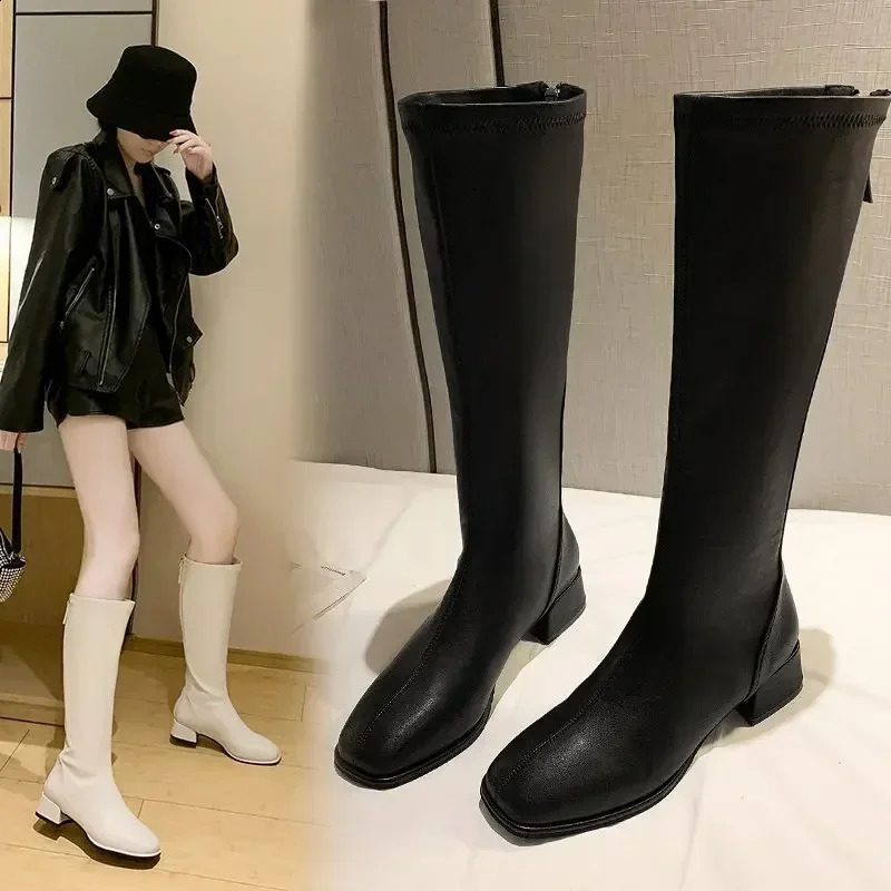 2024 Large 43 Thick High Heel Knight Knee Boots Womens Elegant Shoes Plush White Autumn Winter Leather Boots 240823