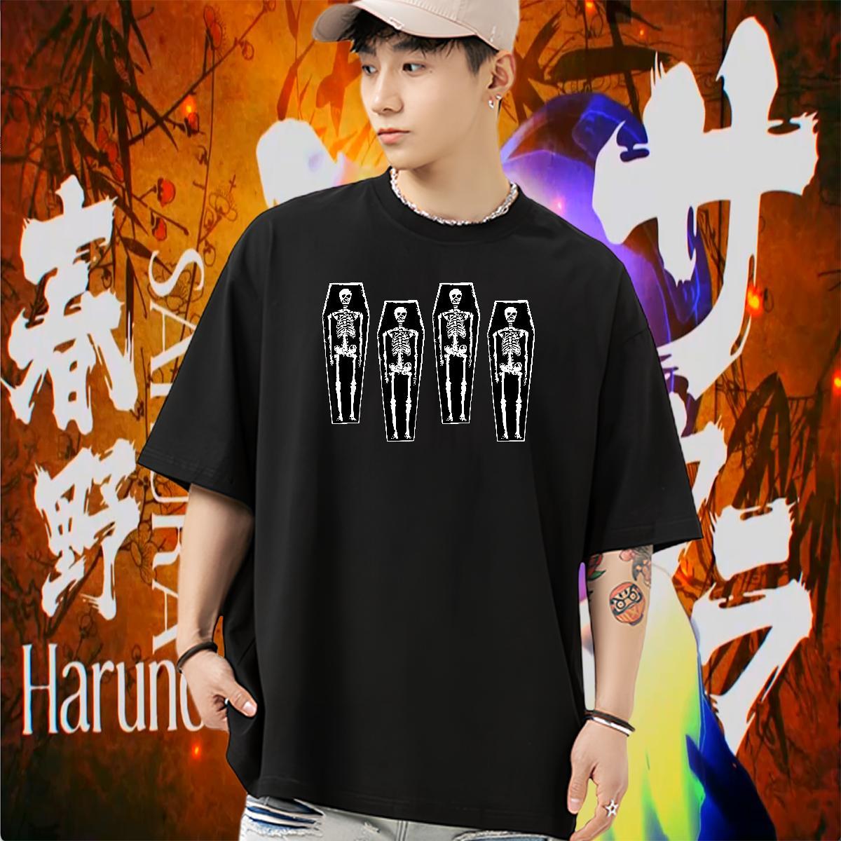 Loose T-Shirts 230g Pure Cotton skull High Street Hip Hop Anime Short Sleeve Soft Men Clothes T-Shirt New Arrival Wear
