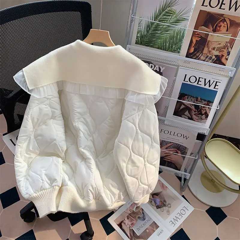 Women's Down Parkas KUSAHIKI Causal Peter Pan Collar Sweater Patchwork Winter Jacket Women Parka Coat Causal Long Slve 2023 New Cardigan Jackets 