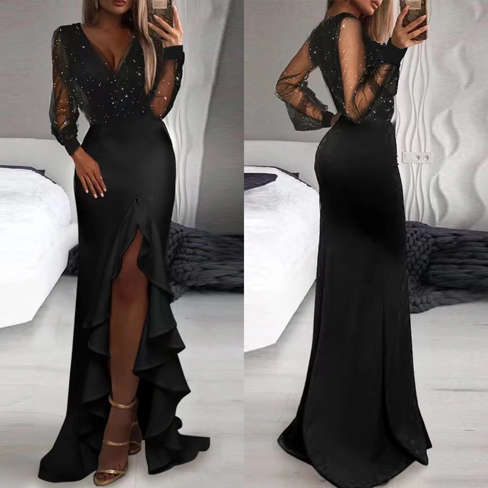 Women Sexy V-Neck Dresses Mesh Sequin Elegant Temperament Slim Fit Split Long Skirt Summer Long Sleeve Party Cocktail Maxi Dress 240823