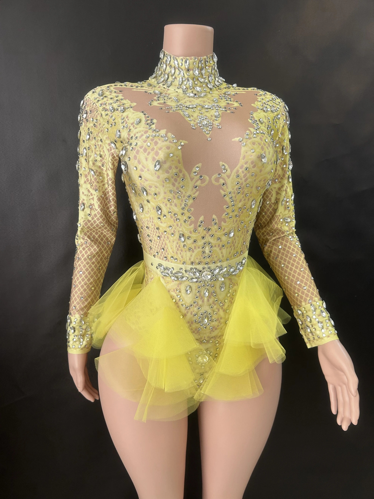 Sparkly Rhinestones Womens Tight Dress Elastic Pink Mesh Ruffle Crystal Nightclub Dancer Stage Party Set 7G w240824
