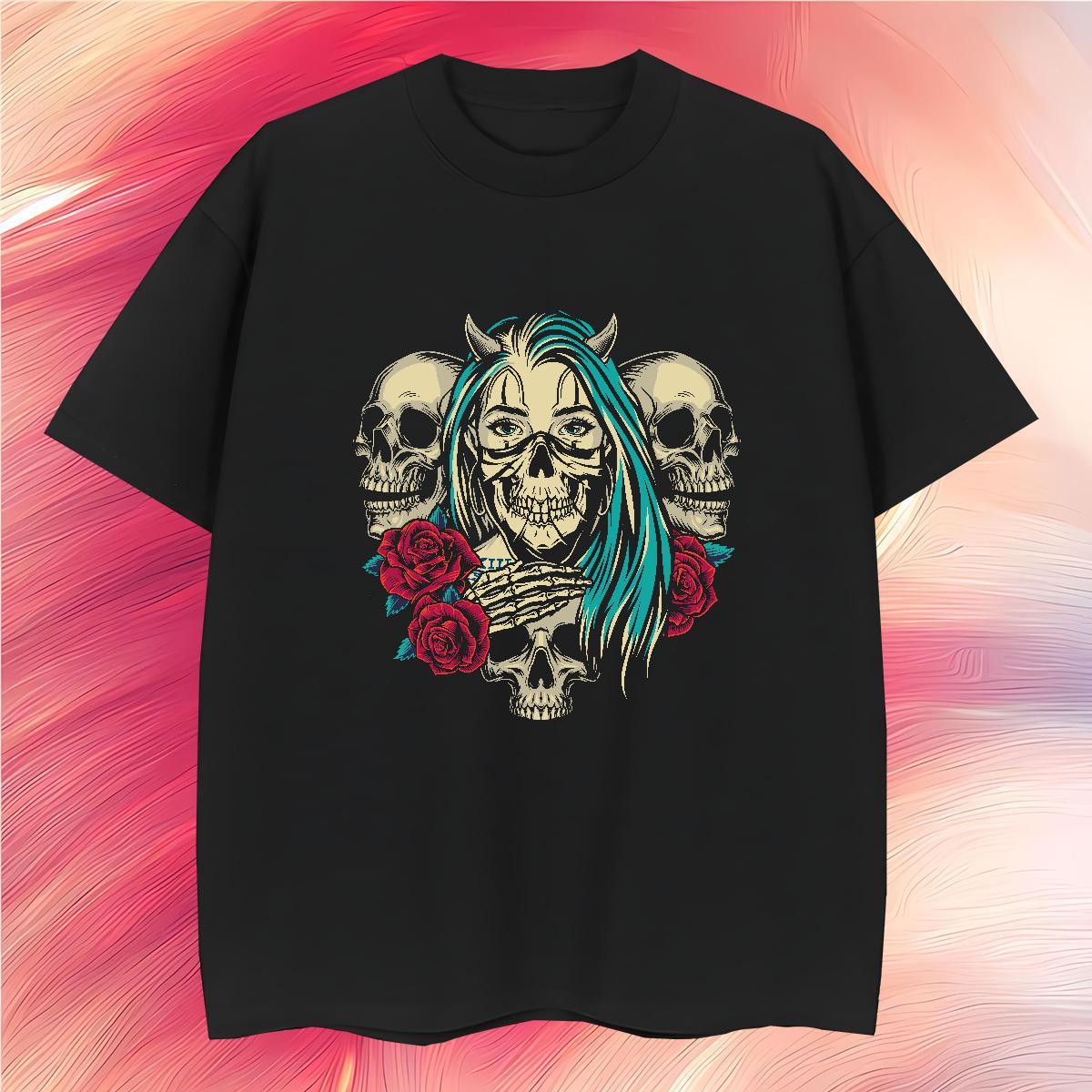 Classic T-Shirts 230g Pure Cotton skull Street Wear Floral Print Short Sleeve O-Neck Tshirt for Man Woman 2024 Designer Clothes