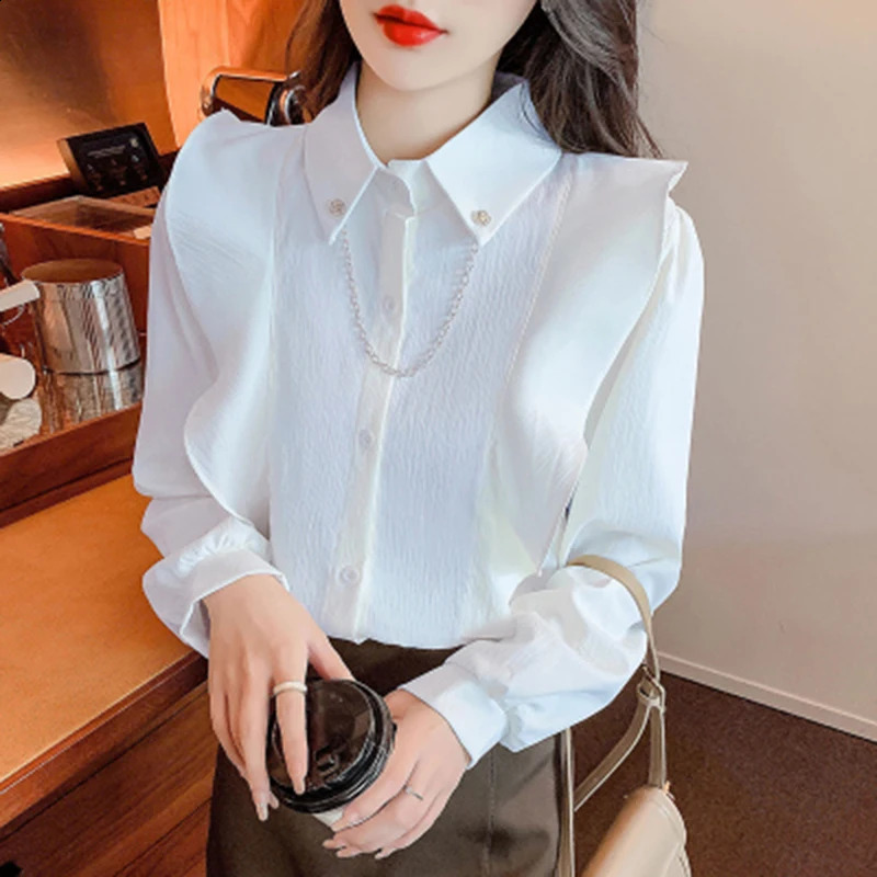 Spliced Ruffle Edge Chain Turn Down Collar Top Loose Long Sleeve Shirt And Blouse OL Elegant Casual French Woman Clothing Solid 240823