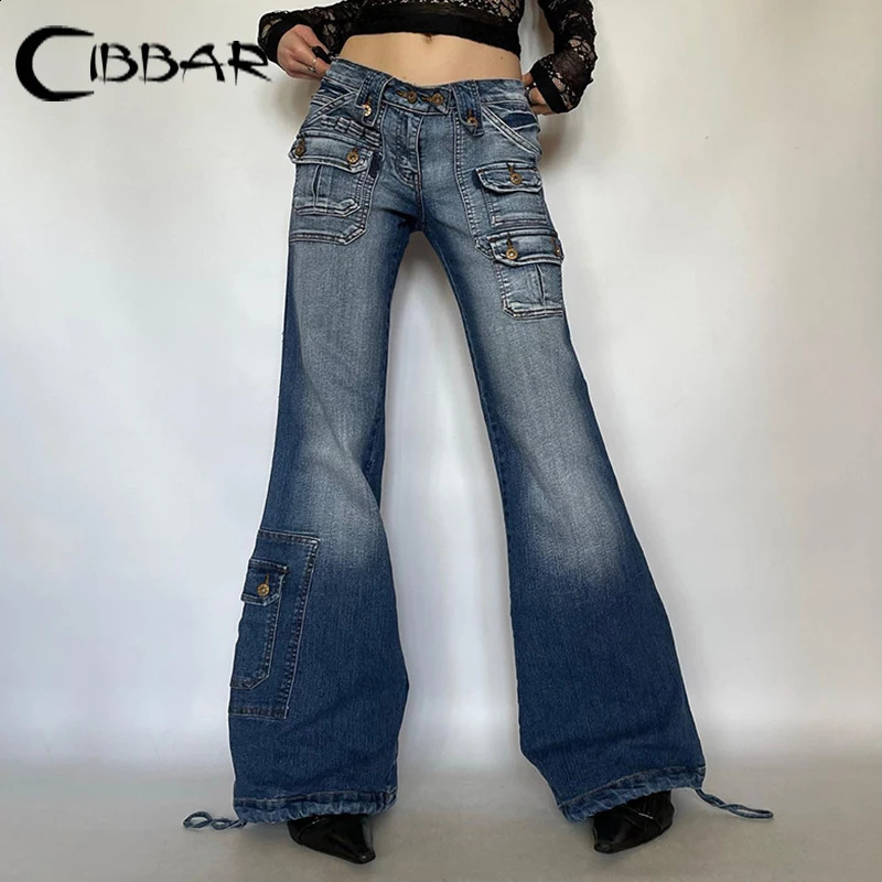 Cibbar y2k Distressed Jeans 90s streetwear pocket patch work low denim cargo pants retro 2000s mom jeans autumn clothing 240823