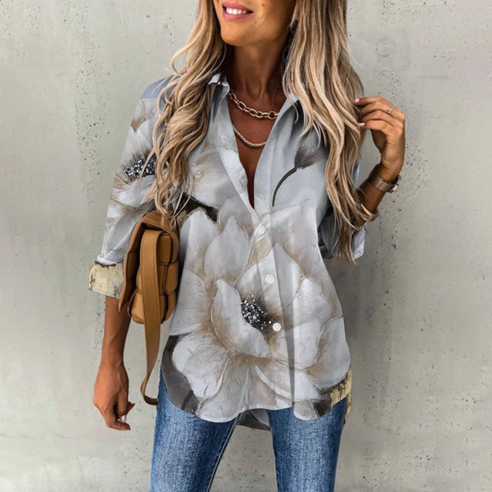Elegant Womens Blouse Oil Painting Floral Printing Long Sleeves Trendy Lapel Button Up Shirts Blusa Mujer Office Daily Tops 240823