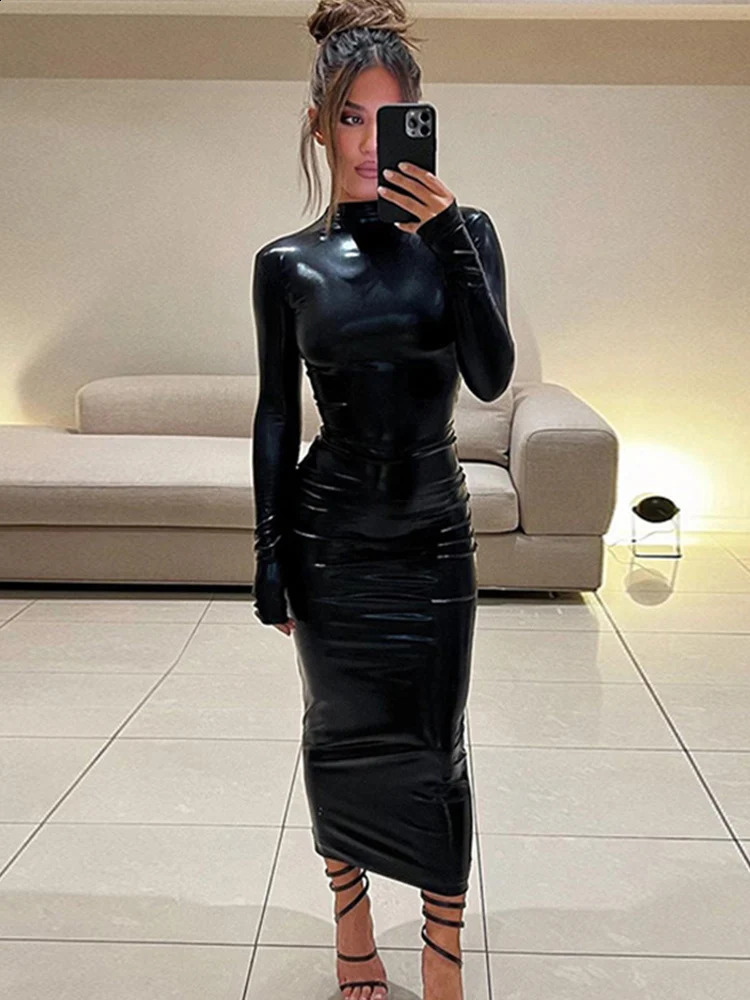 Sexy Hipster O-neck PU Leather Dress Women Fashion Streetwear Long Sleeve Party Dresses Woman Bodycon Birthday Dress Female Robe 240823